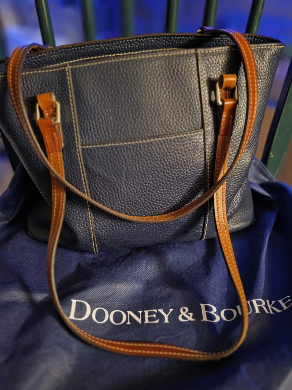 Dooney & Bourke Navy Pebbled Leather Shoulder Bag with Brown Straps